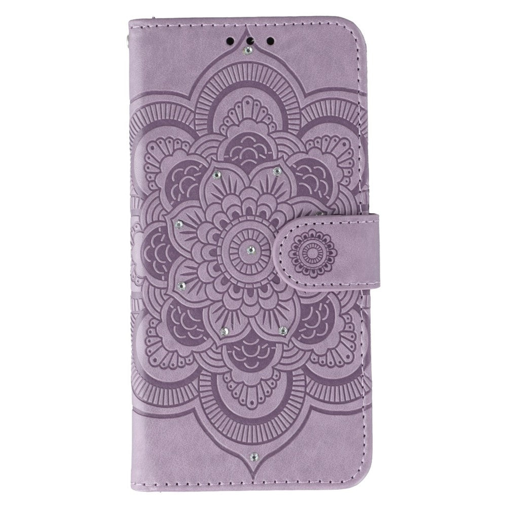 For iPhone 17 Pro Max Case Rhinestone Decor PU Leather Mandala Imprinted Design Phone Cover with Wrist Strap - Purple