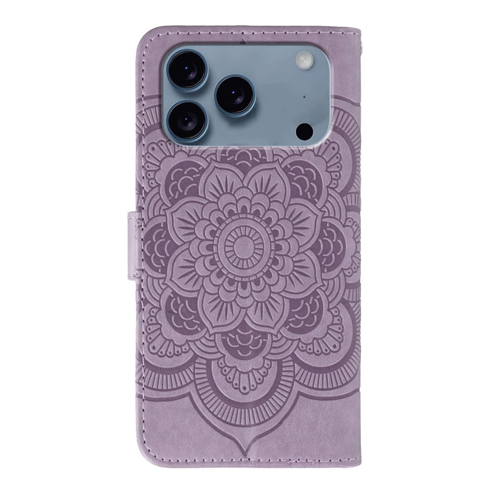 For iPhone 17 Pro Max Case Rhinestone Decor PU Leather Mandala Imprinted Design Phone Cover with Wrist Strap - Purple