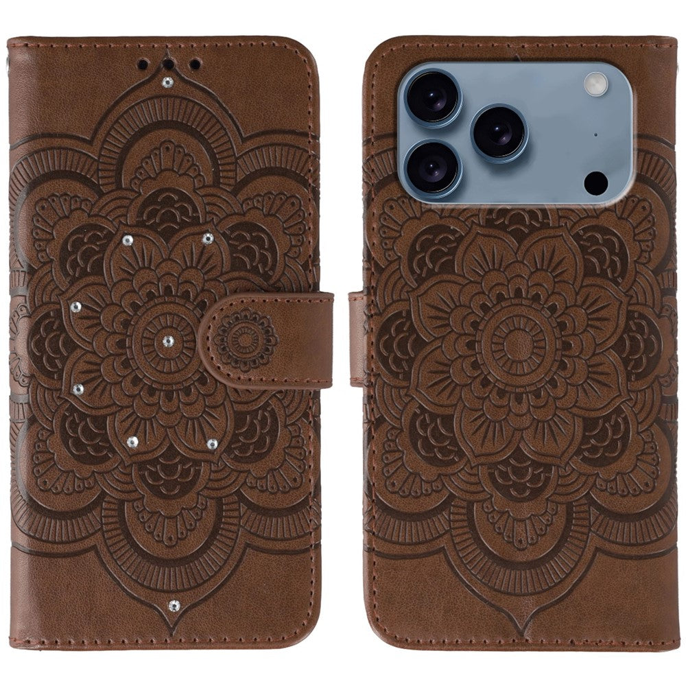 For iPhone 17 Pro Max Case Rhinestone Decor PU Leather Mandala Imprinted Design Phone Cover with Wrist Strap - Brown