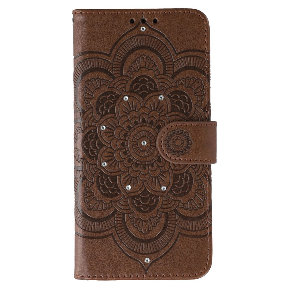 For iPhone 17 Pro Max Case Rhinestone Decor PU Leather Mandala Imprinted Design Phone Cover with Wrist Strap - Brown