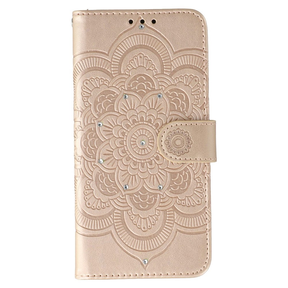 For iPhone 17 Pro Max Case Rhinestone Decor PU Leather Mandala Imprinted Design Phone Cover with Wrist Strap - Rose Gold