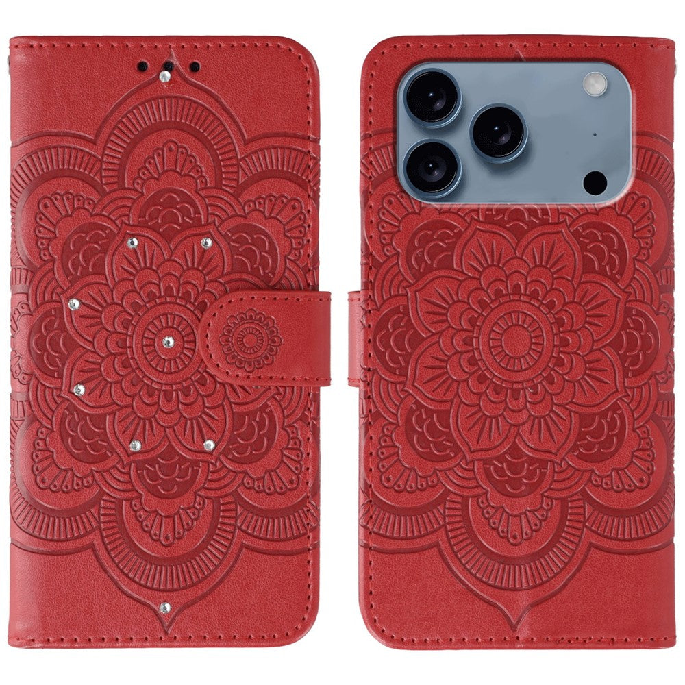 For iPhone 17 Pro Max Case Rhinestone Decor PU Leather Mandala Imprinted Design Phone Cover with Wrist Strap - Red