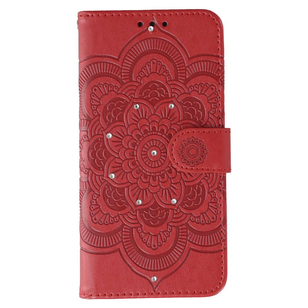 For iPhone 17 Pro Max Case Rhinestone Decor PU Leather Mandala Imprinted Design Phone Cover with Wrist Strap - Red