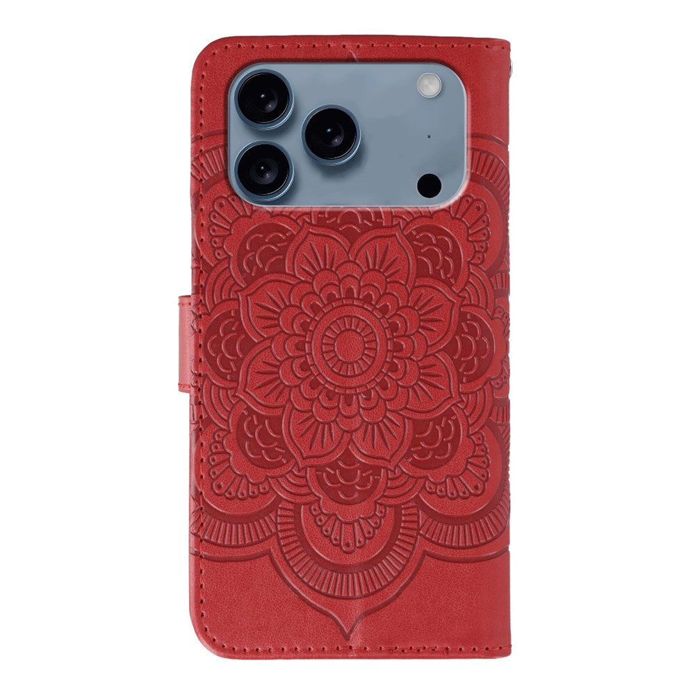 For iPhone 17 Pro Max Case Rhinestone Decor PU Leather Mandala Imprinted Design Phone Cover with Wrist Strap - Red