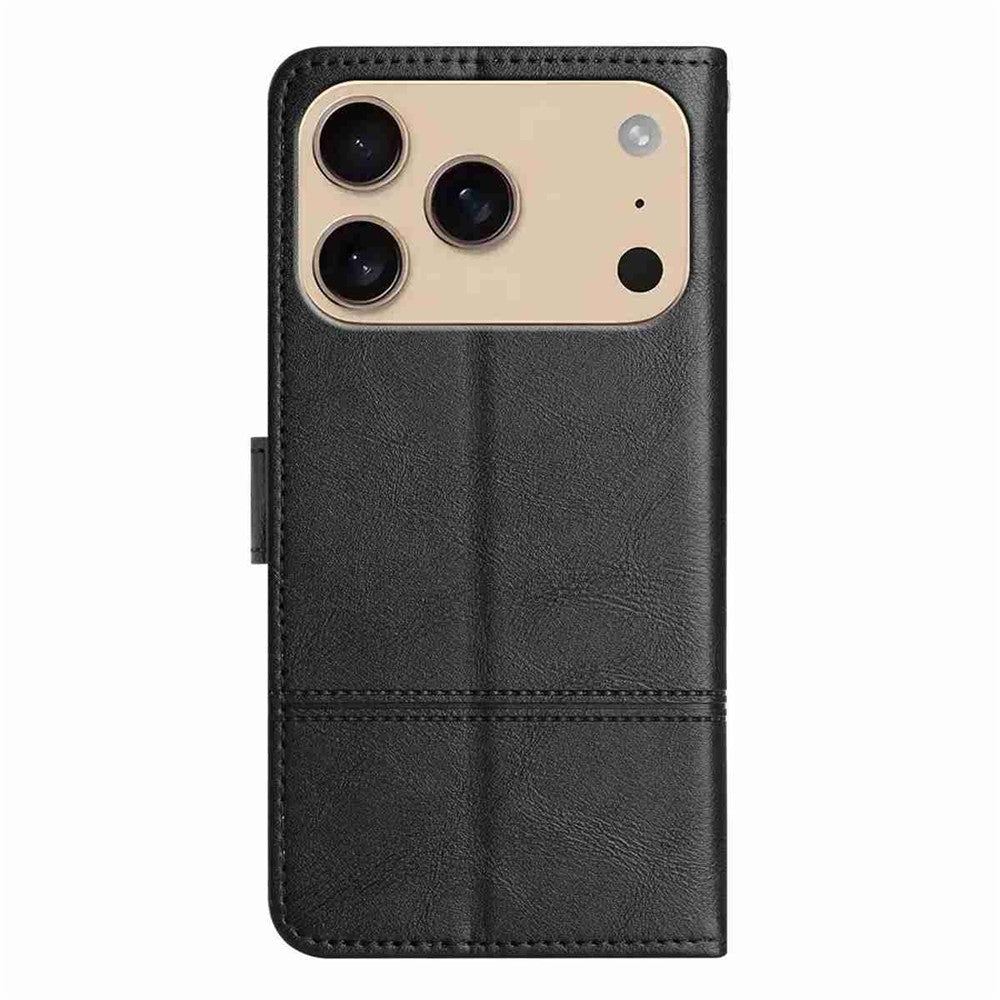 For iPhone 17 Pro Max Wallet Case Line Imprinted Cowhide Texture PU Leather Phone Cover - Black
