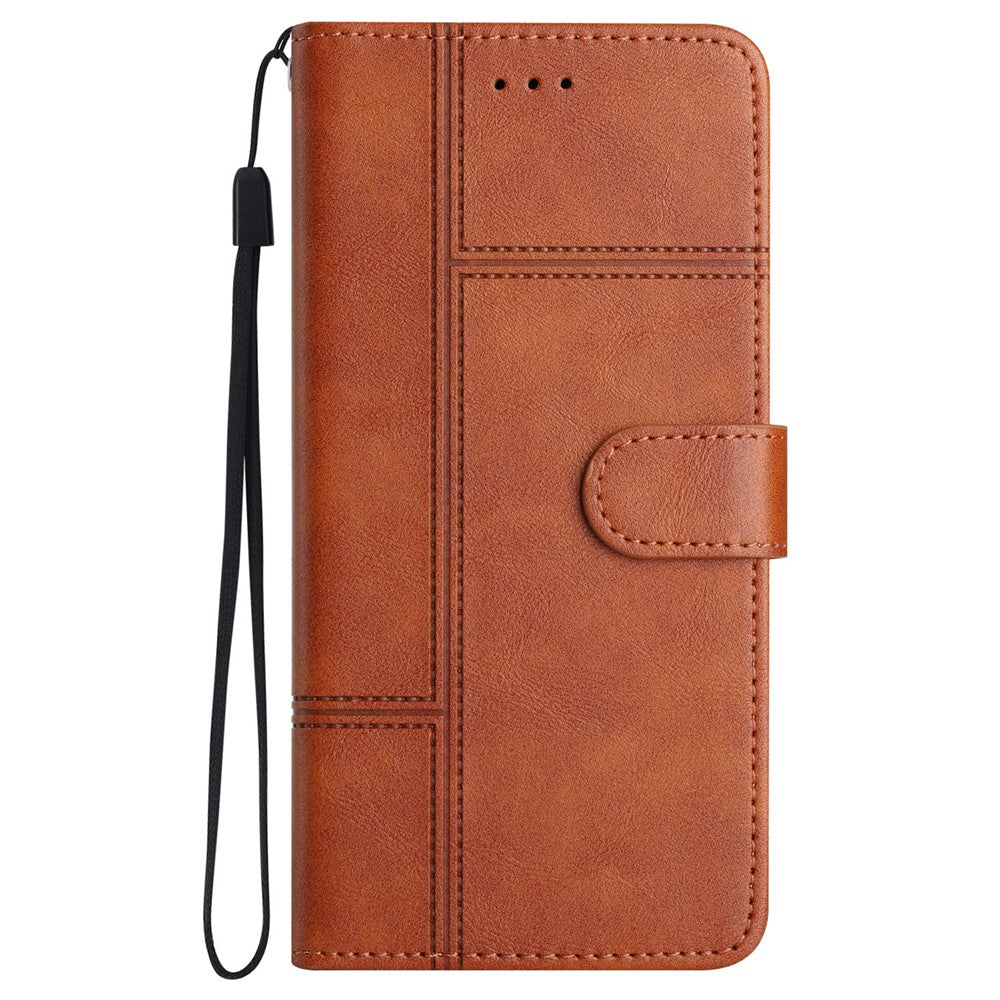 For iPhone 17 Pro Max Wallet Case Line Imprinted Cowhide Texture PU Leather Phone Cover - Brown