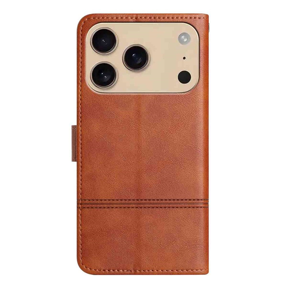 For iPhone 17 Pro Max Wallet Case Line Imprinted Cowhide Texture PU Leather Phone Cover - Brown