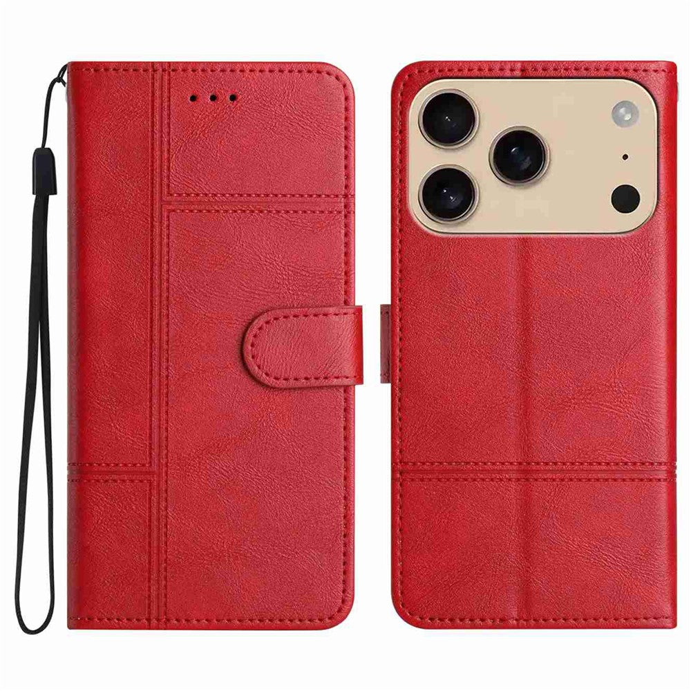 For iPhone 17 Pro Max Wallet Case Line Imprinted Cowhide Texture PU Leather Phone Cover - Red