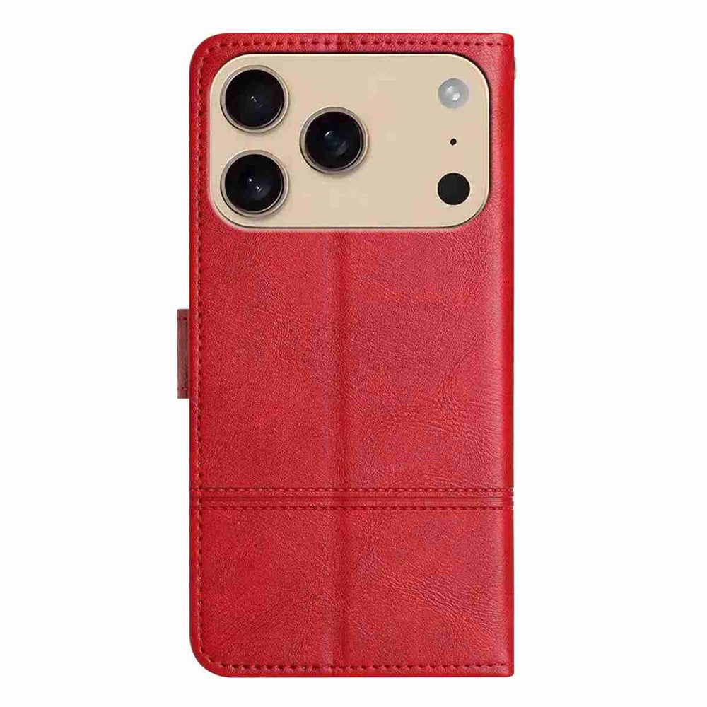 For iPhone 17 Pro Max Wallet Case Line Imprinted Cowhide Texture PU Leather Phone Cover - Red