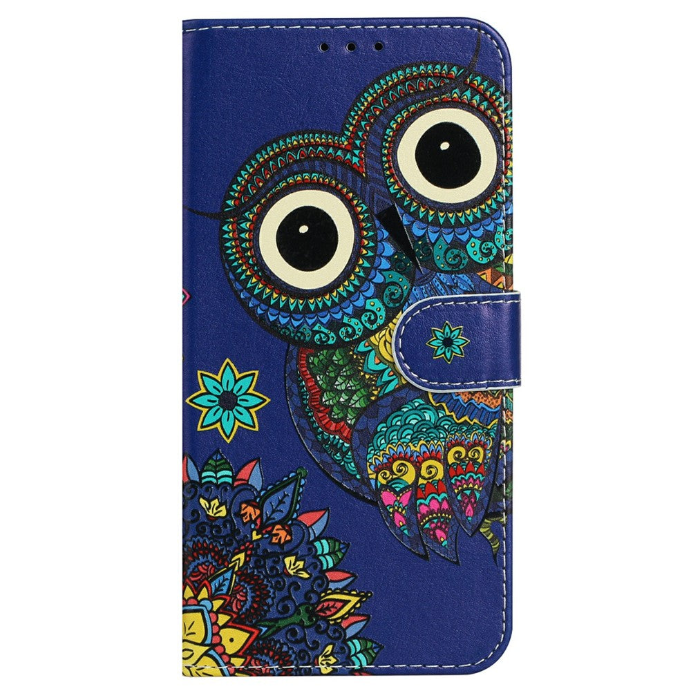 For iPhone 17 Pro Max Case Pattern Leather Wallet Phone Cover with Strap - Blue Owl