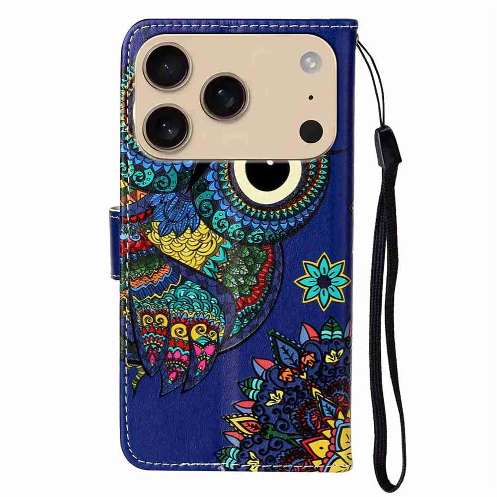 For iPhone 17 Pro Max Case Pattern Leather Wallet Phone Cover with Strap - Blue Owl