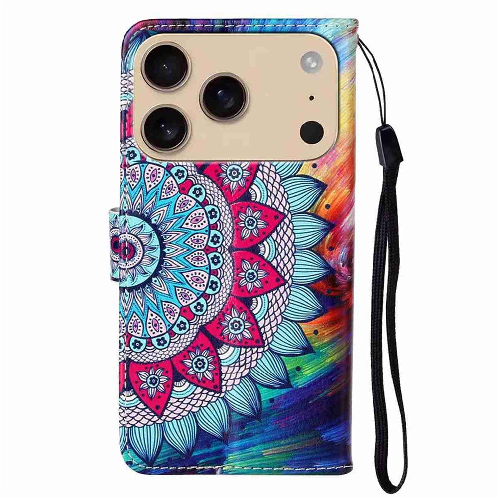 For iPhone 17 Pro Max Case Pattern Leather Wallet Phone Cover with Strap - Mandala Flower