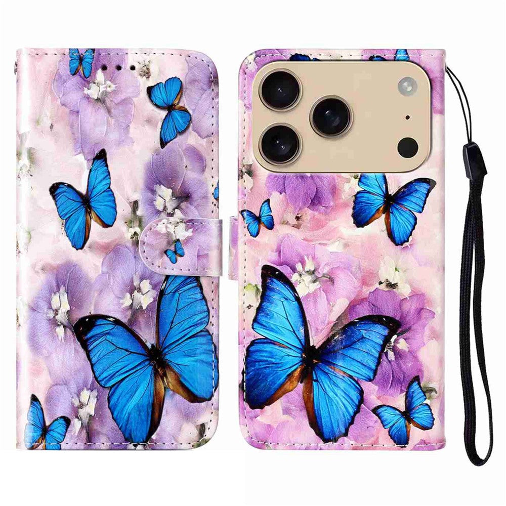 For iPhone 17 Pro Max Case Pattern Leather Wallet Phone Cover with Strap - Purple Flower Butterfly