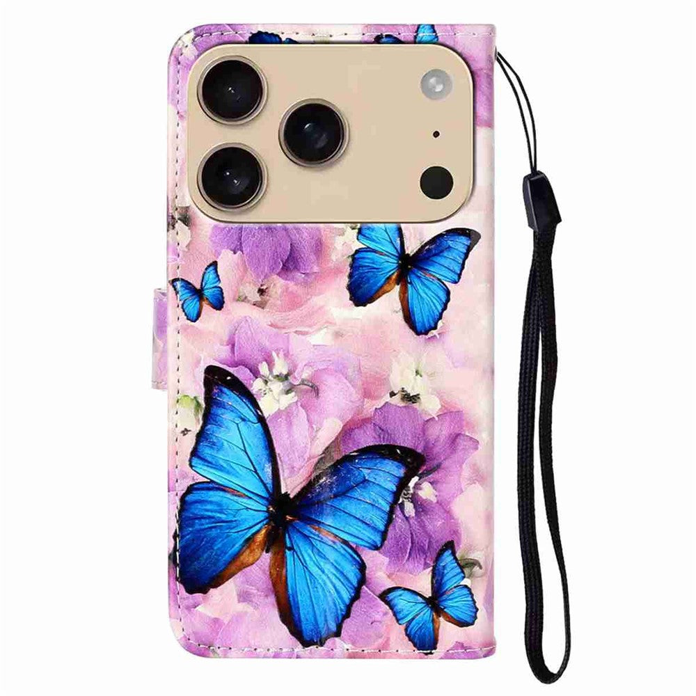 For iPhone 17 Pro Max Case Pattern Leather Wallet Phone Cover with Strap - Purple Flower Butterfly