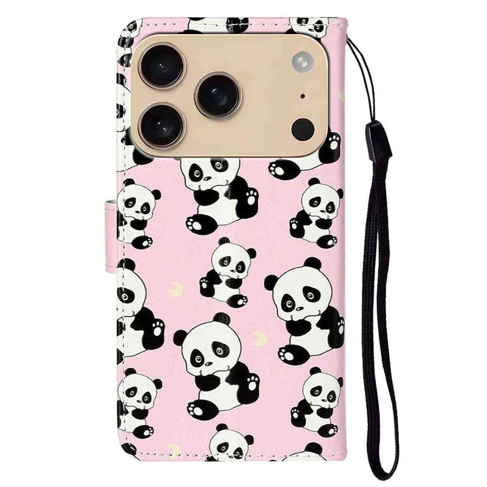 For iPhone 17 Pro Max Case Pattern Leather Wallet Phone Cover with Strap - Panda