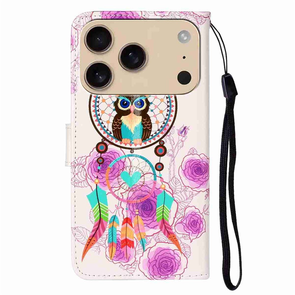 For iPhone 17 Pro Max Case Pattern Leather Wallet Phone Cover with Strap - Wind Chime Owl