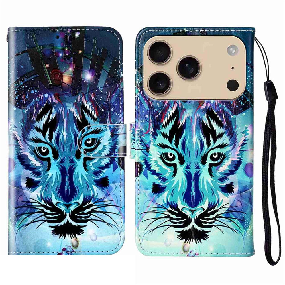 For iPhone 17 Pro Max Case Pattern Leather Wallet Phone Cover with Strap - Wolf