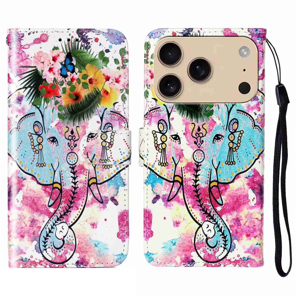 For iPhone 17 Pro Max Case Pattern Leather Wallet Phone Cover with Strap - Flower Elephant