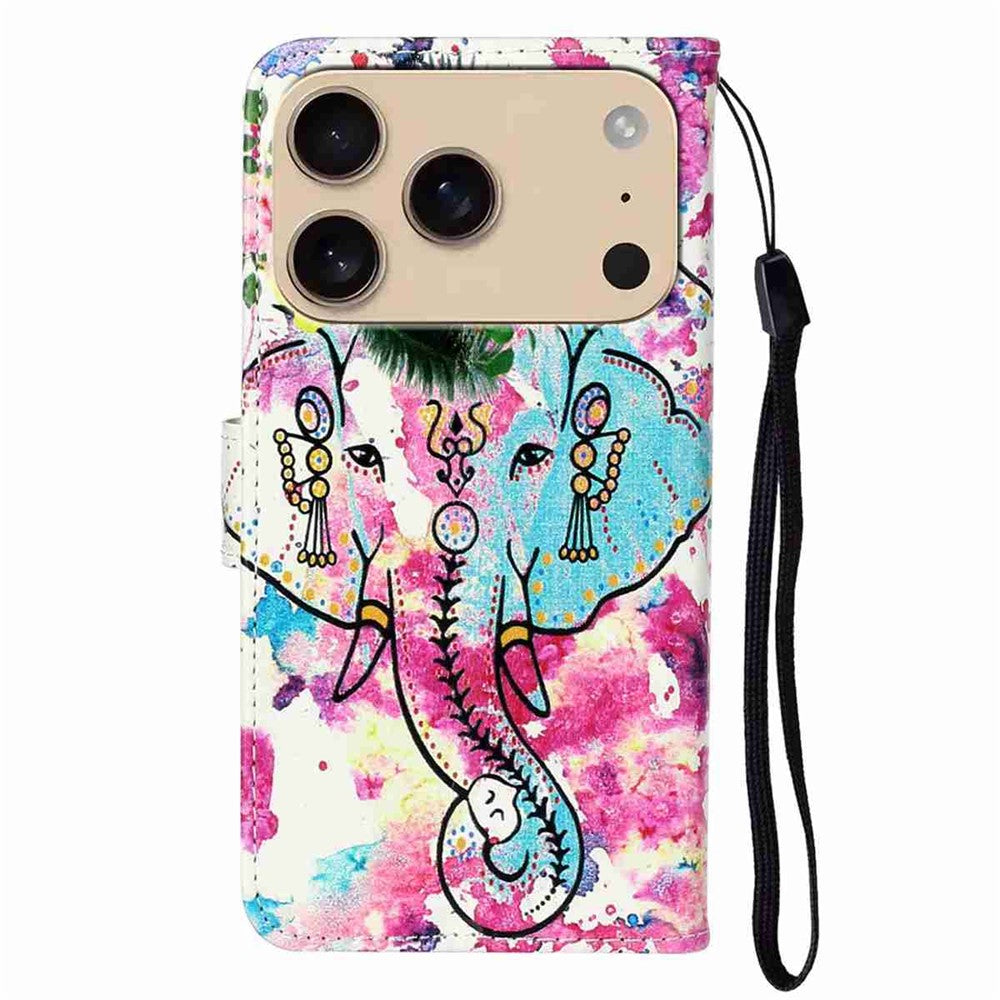 For iPhone 17 Pro Max Case Pattern Leather Wallet Phone Cover with Strap - Flower Elephant