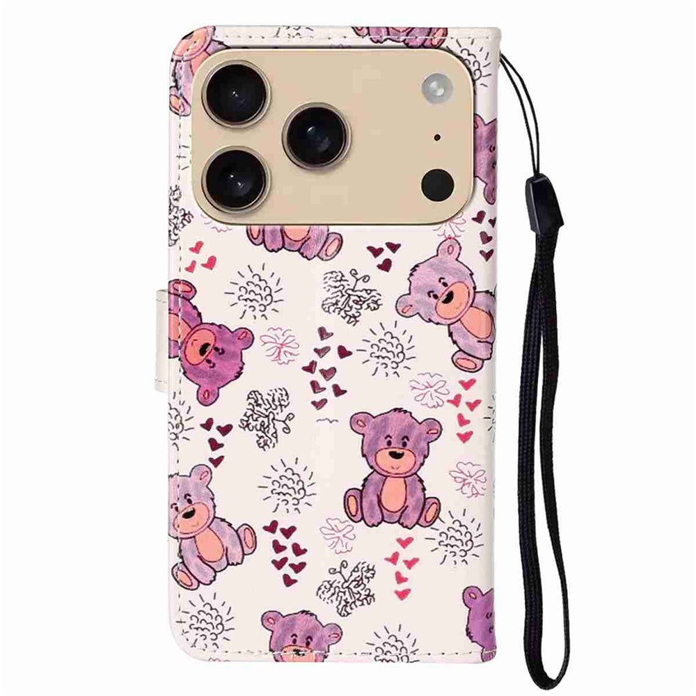 For iPhone 17 Pro Max Case Pattern Leather Wallet Phone Cover with Strap - Bear