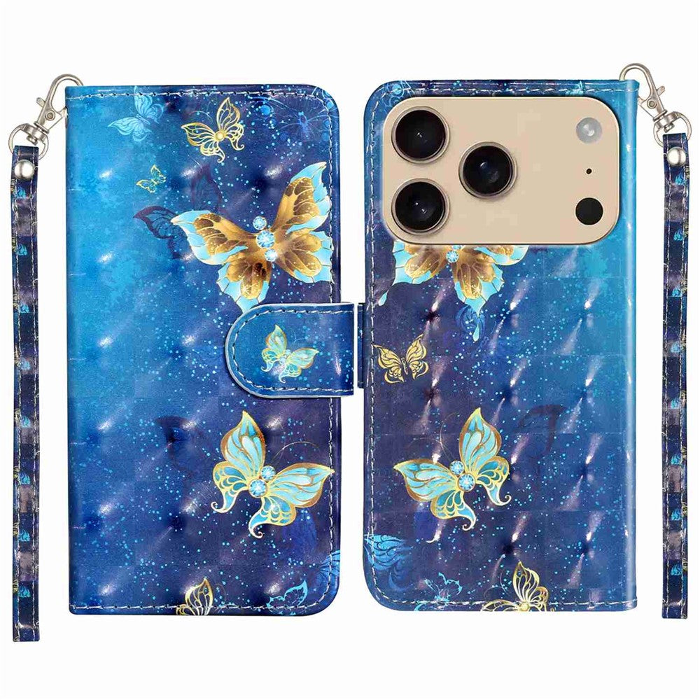 For iPhone 17 Pro Max Wallet Case 3D Pattern Printed Leather Phone Cover with Strap - Blue Gold Butterflies