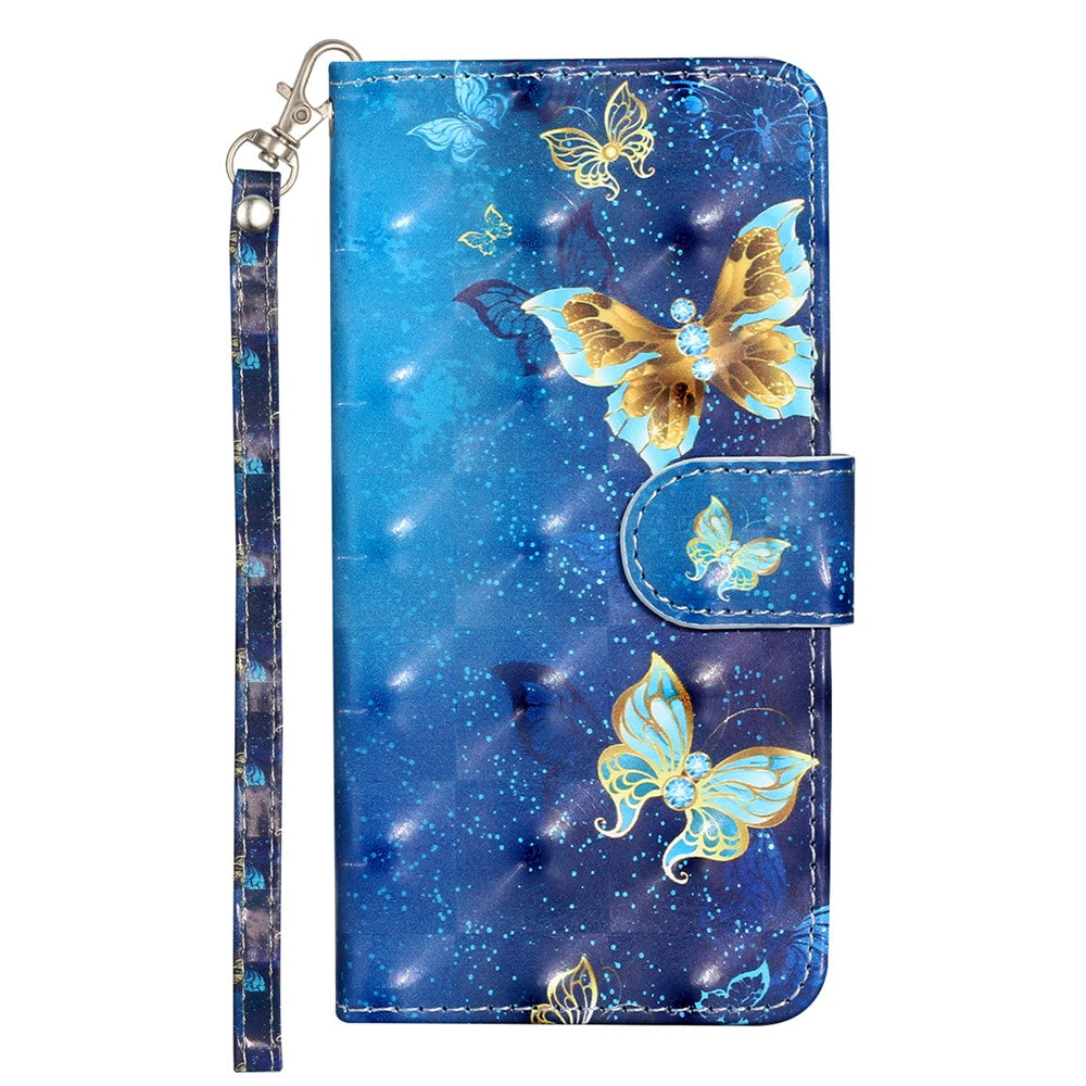For iPhone 17 Pro Max Wallet Case 3D Pattern Printed Leather Phone Cover with Strap - Blue Gold Butterflies