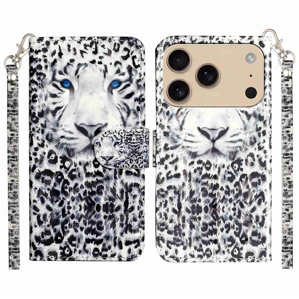 For iPhone 17 Pro Max Wallet Case 3D Pattern Printed Leather Phone Cover with Strap - Leopard