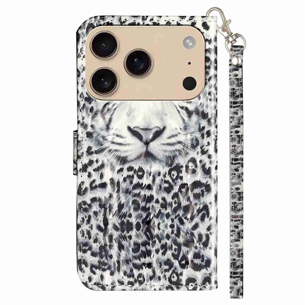 For iPhone 17 Pro Max Wallet Case 3D Pattern Printed Leather Phone Cover with Strap - Leopard
