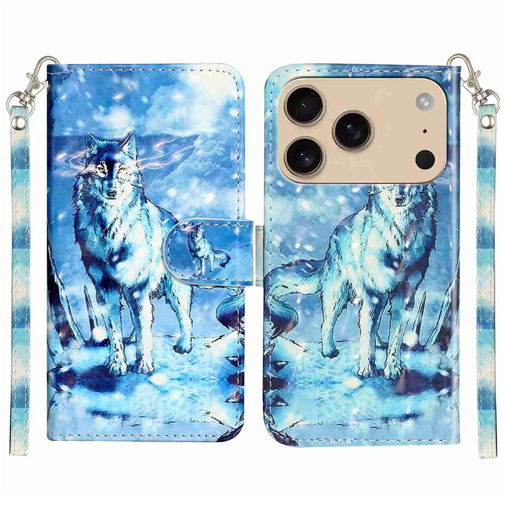 For iPhone 17 Pro Max Wallet Case 3D Pattern Printed Leather Phone Cover with Strap - Snow Wolf