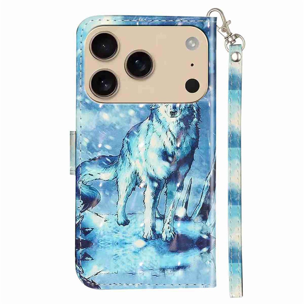 For iPhone 17 Pro Max Wallet Case 3D Pattern Printed Leather Phone Cover with Strap - Snow Wolf