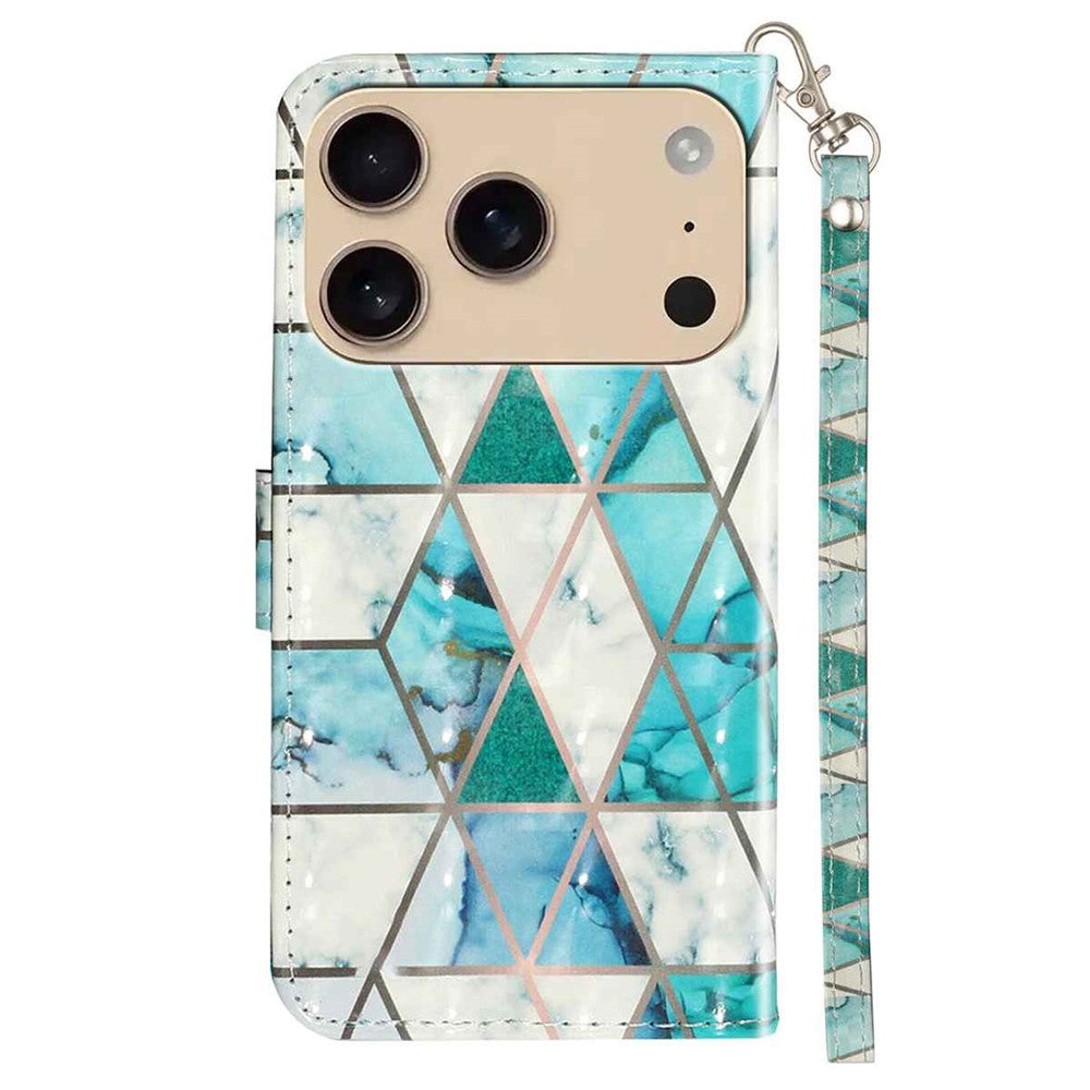 For iPhone 17 Pro Max Wallet Case 3D Pattern Printed Leather Phone Cover with Strap - Green Marble