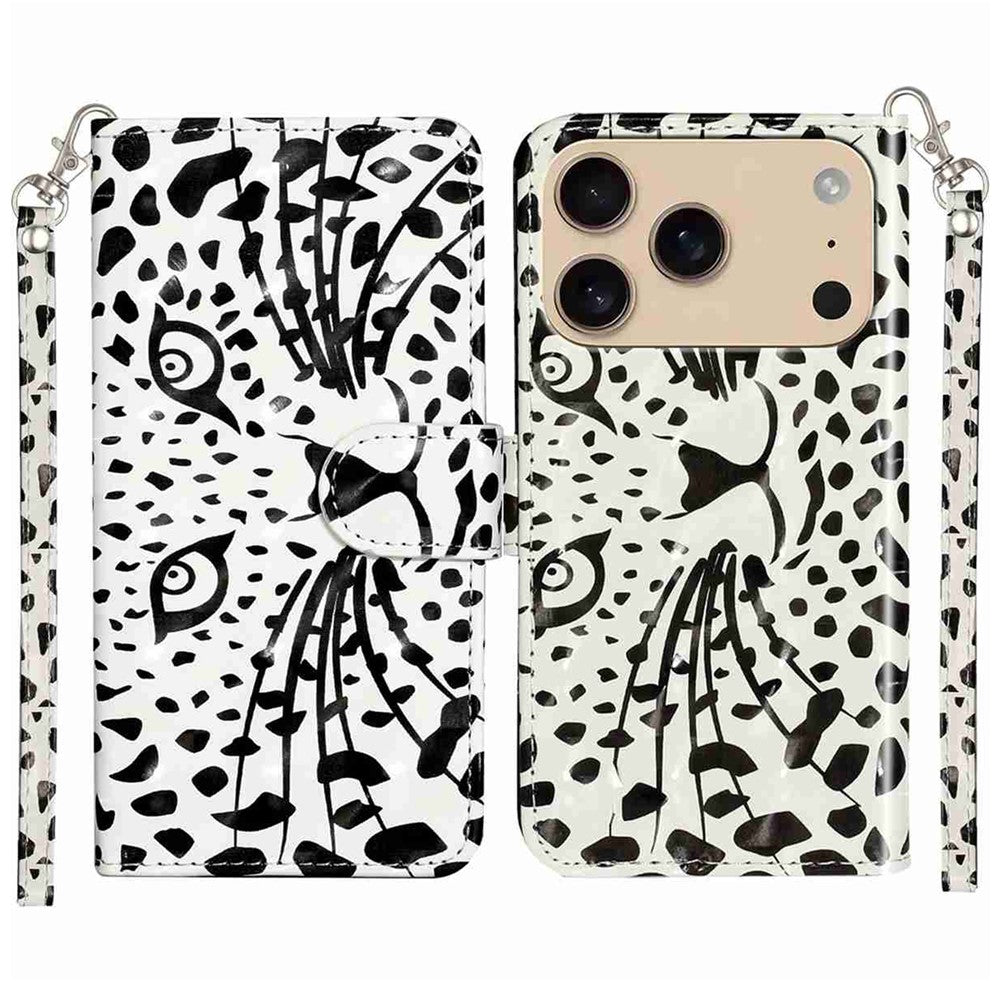 For iPhone 17 Pro Max Wallet Case 3D Pattern Printed Leather Phone Cover with Strap - Leopard Head