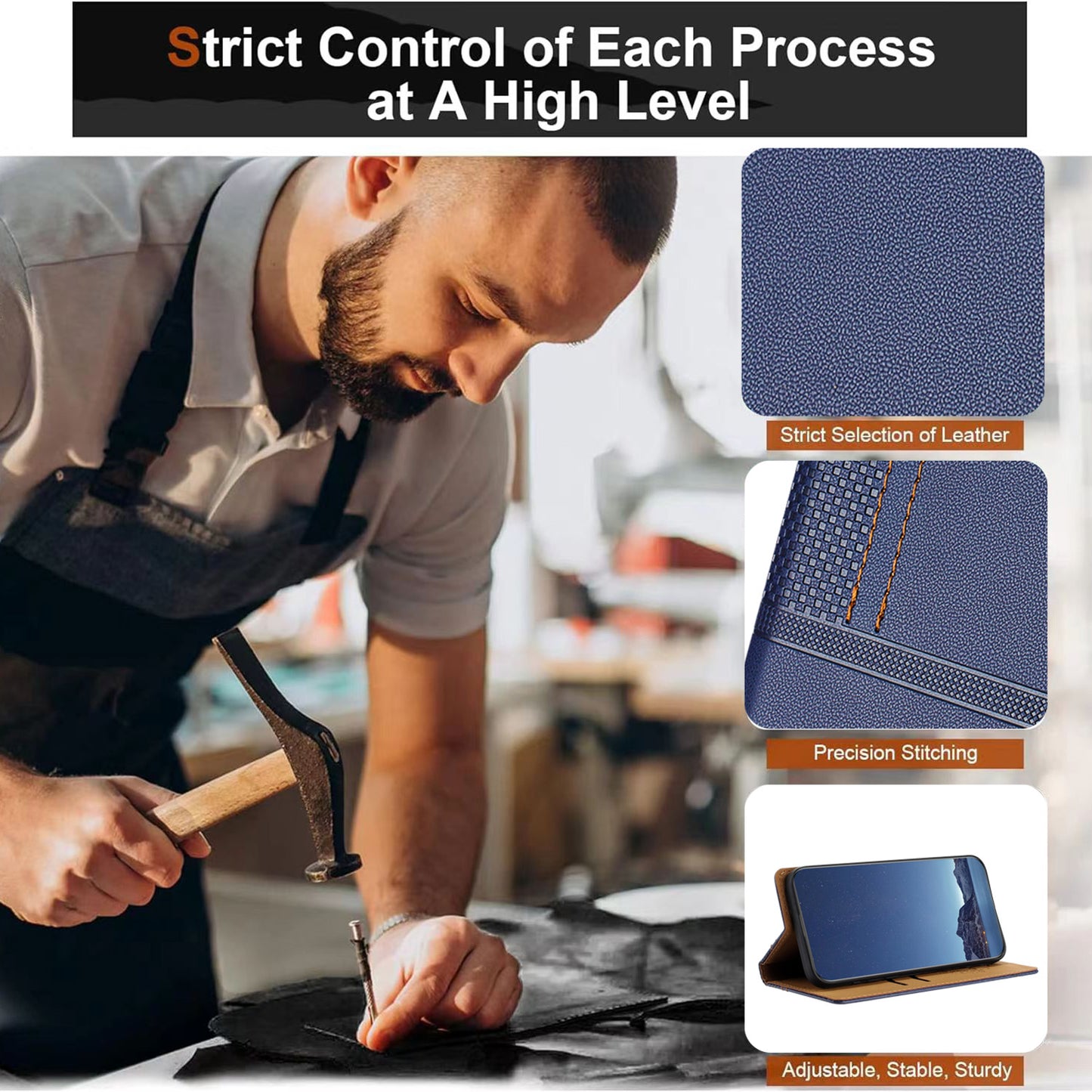 For iPhone 17 Pro Max Case L-Shaped Grid Pattern Leather Stand Phone Cover with Card Slots - Blue