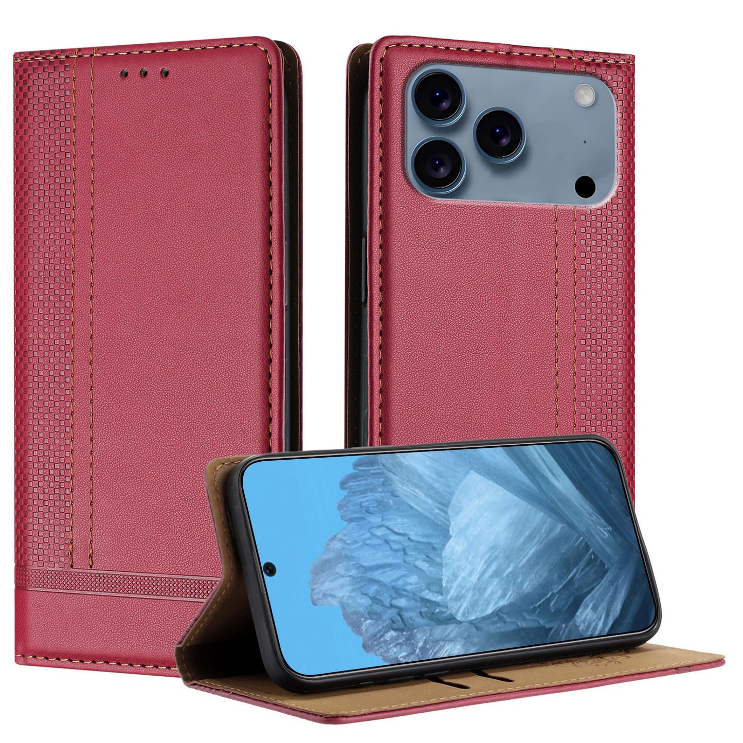 For iPhone 17 Pro Max Case L-Shaped Grid Pattern Leather Stand Phone Cover with Card Slots - Red