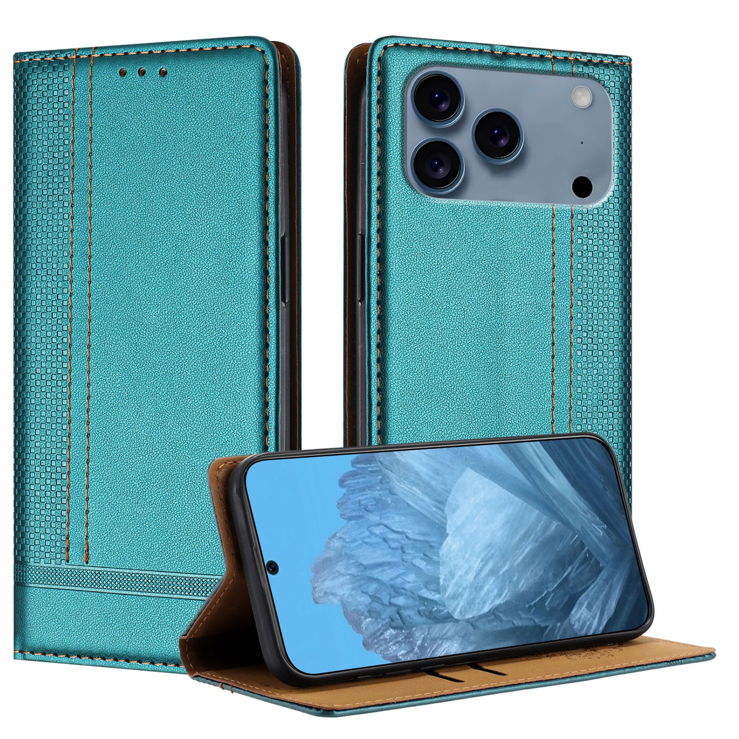 For iPhone 17 Pro Max Case L-Shaped Grid Pattern Leather Stand Phone Cover with Card Slots - Green