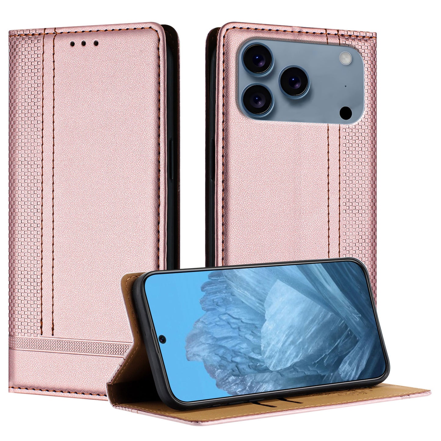 For iPhone 17 Pro Max Case L-Shaped Grid Pattern Leather Stand Phone Cover with Card Slots - Rose Gold