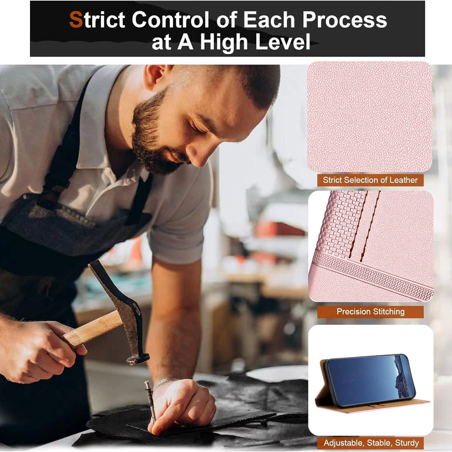 For iPhone 17 Pro Max Case L-Shaped Grid Pattern Leather Stand Phone Cover with Card Slots - Rose Gold