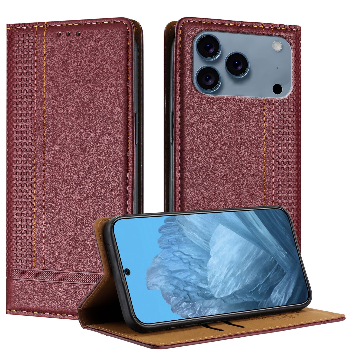 For iPhone 17 Pro Max Case L-Shaped Grid Pattern Leather Stand Phone Cover with Card Slots - Wine Red