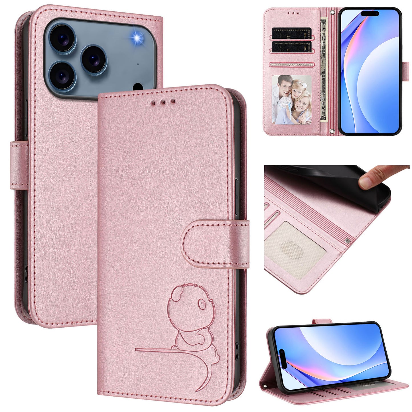 For iPhone 17 Pro Max Case Panda Imprint RFID Blocking Wallet Leather Phone Cover with Wrist Strap - Pink