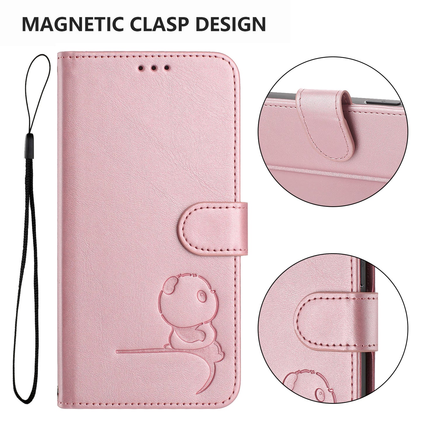 For iPhone 17 Pro Max Case Panda Imprint RFID Blocking Wallet Leather Phone Cover with Wrist Strap - Pink