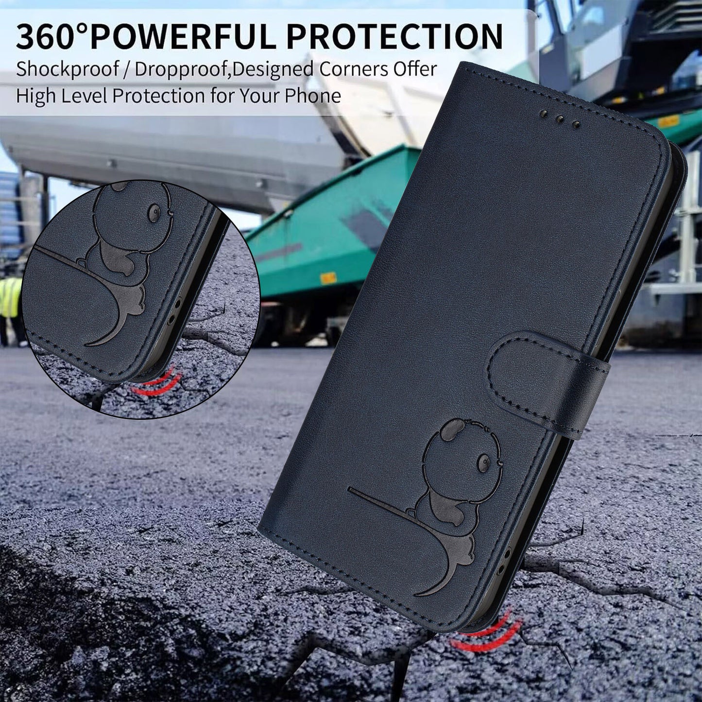 For iPhone 17 Pro Max Case Panda Imprint RFID Blocking Wallet Leather Phone Cover with Wrist Strap - Blue