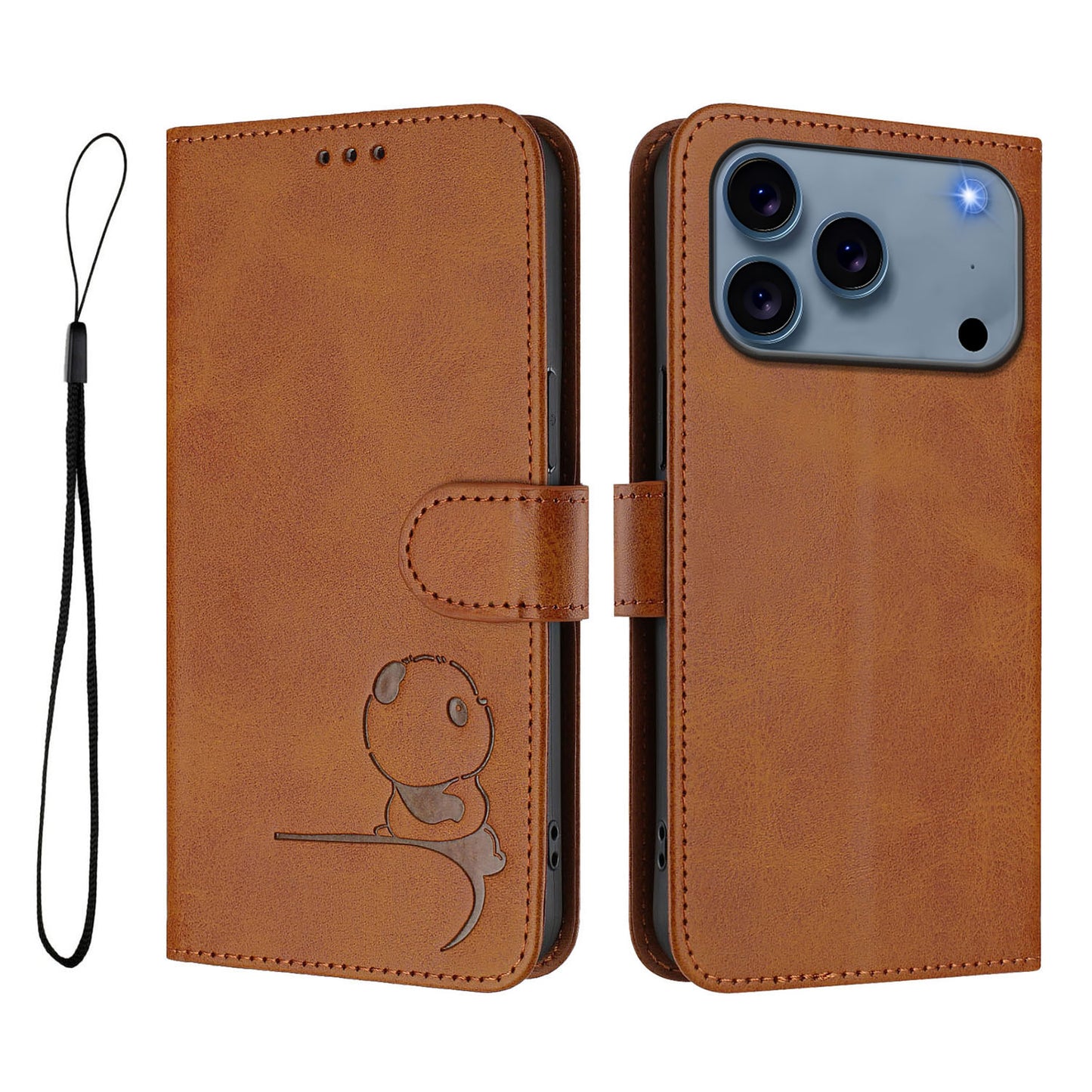 For iPhone 17 Pro Max Case Panda Imprint RFID Blocking Wallet Leather Phone Cover with Wrist Strap - Brown