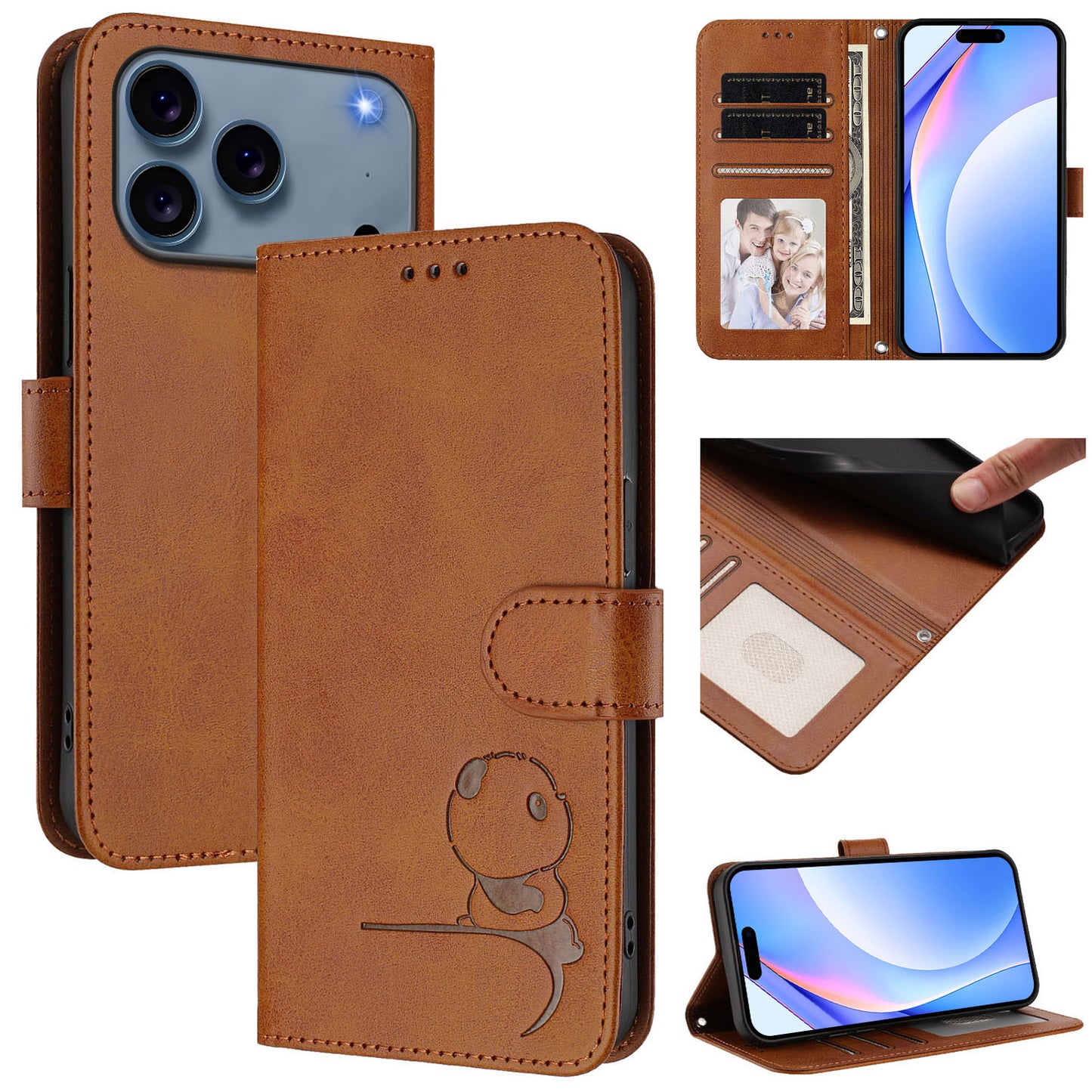 For iPhone 17 Pro Max Case Panda Imprint RFID Blocking Wallet Leather Phone Cover with Wrist Strap - Brown