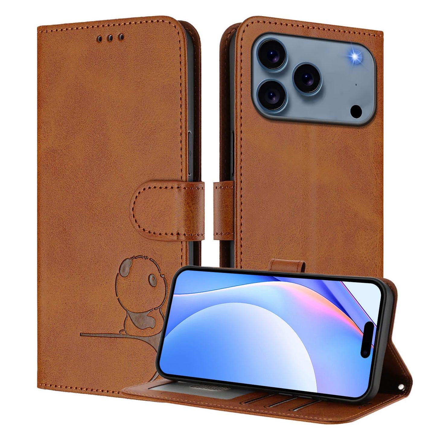 For iPhone 17 Pro Max Case Panda Imprint RFID Blocking Wallet Leather Phone Cover with Wrist Strap - Brown