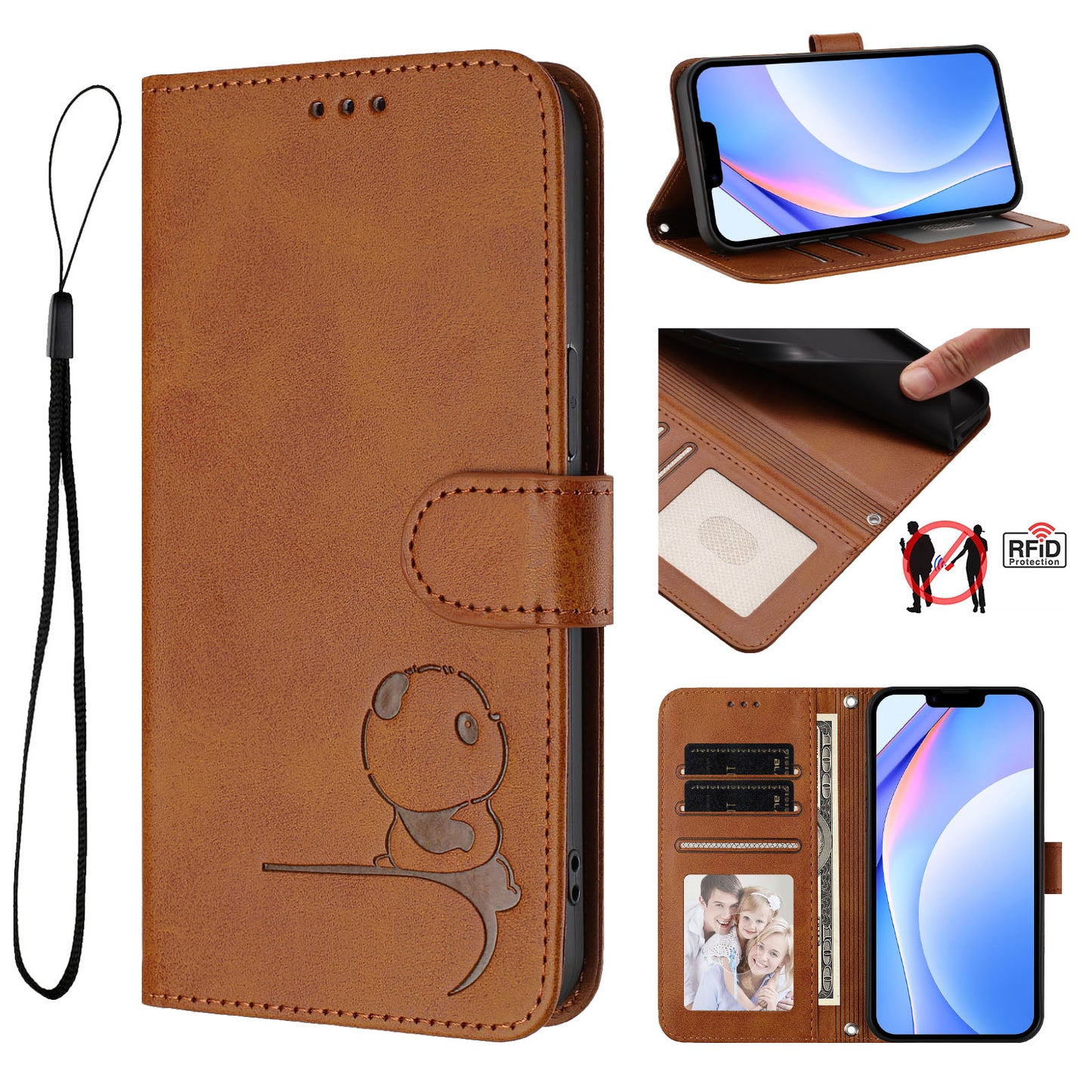 For iPhone 17 Pro Max Case Panda Imprint RFID Blocking Wallet Leather Phone Cover with Wrist Strap - Brown