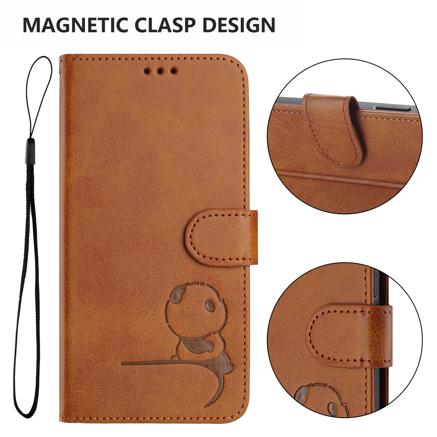 For iPhone 17 Pro Max Case Panda Imprint RFID Blocking Wallet Leather Phone Cover with Wrist Strap - Brown