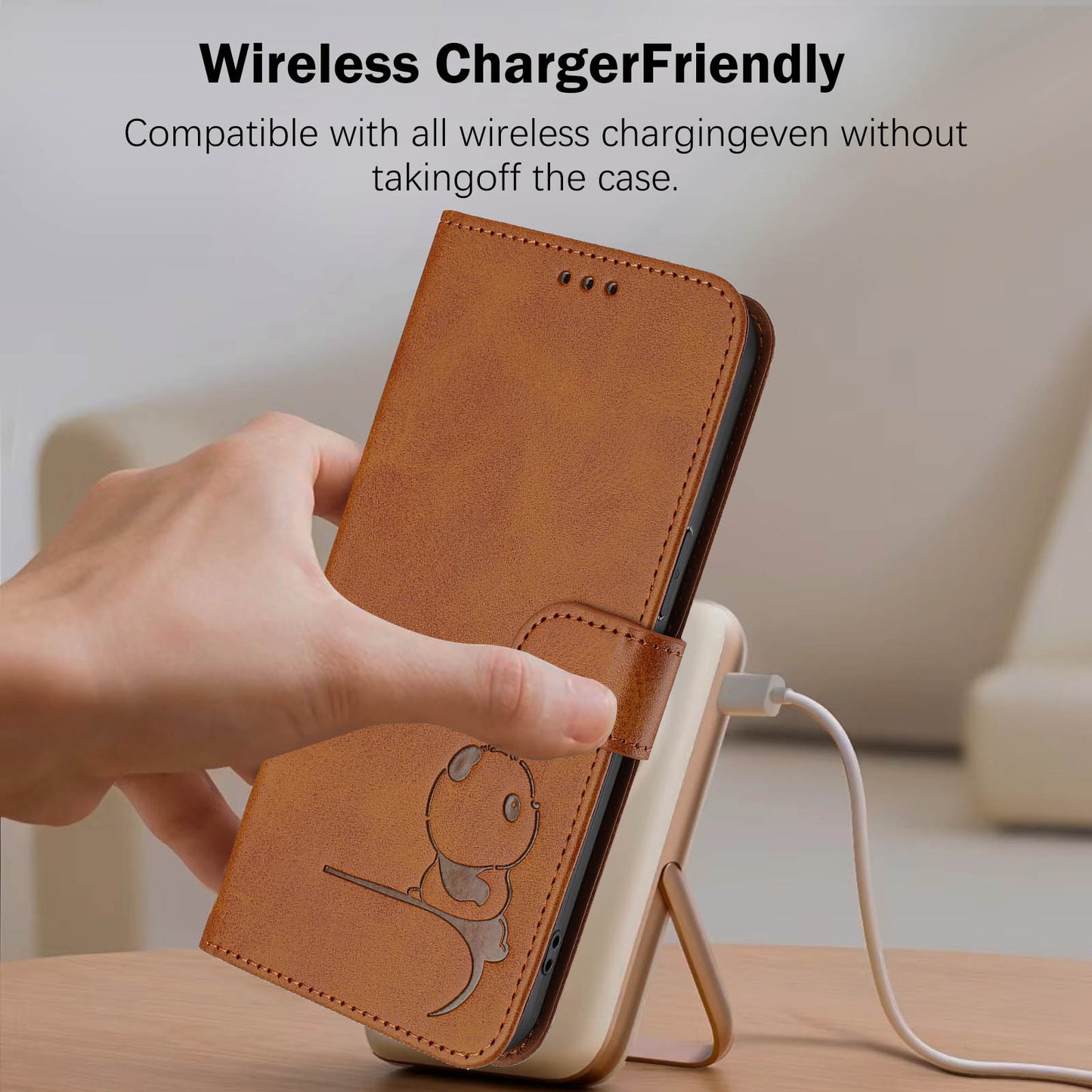 For iPhone 17 Pro Max Case Panda Imprint RFID Blocking Wallet Leather Phone Cover with Wrist Strap - Brown