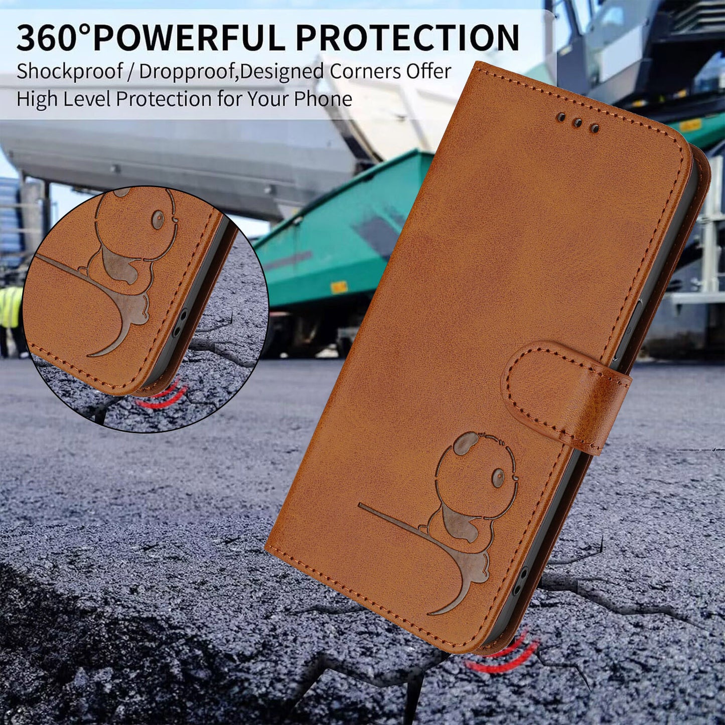 For iPhone 17 Pro Max Case Panda Imprint RFID Blocking Wallet Leather Phone Cover with Wrist Strap - Brown