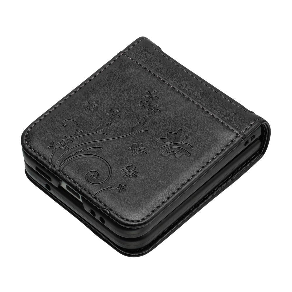 For Samsung Galaxy Z Flip7 5G Case Butterfly Flower Imprinted Leather Phone Cover - Black