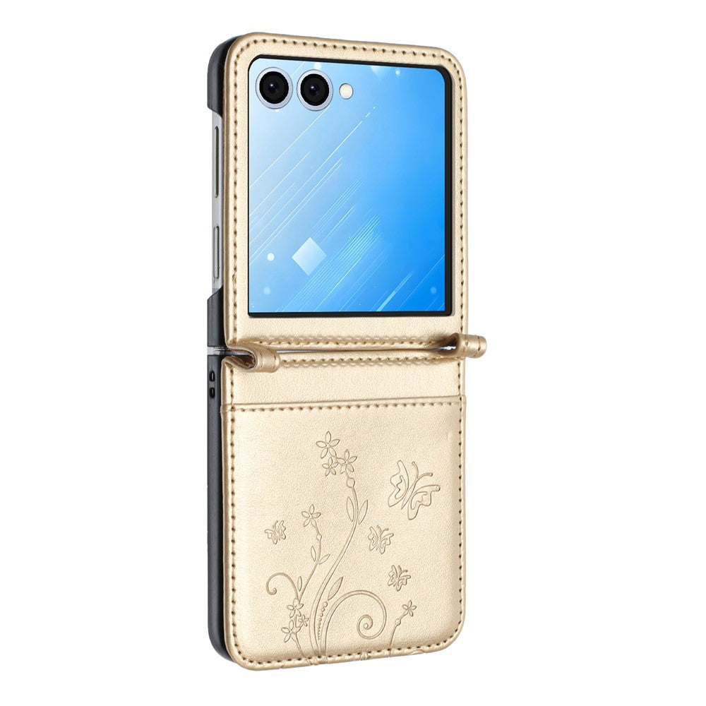 For Samsung Galaxy Z Flip7 5G Case Butterfly Flower Imprinted Leather Phone Cover - Gold